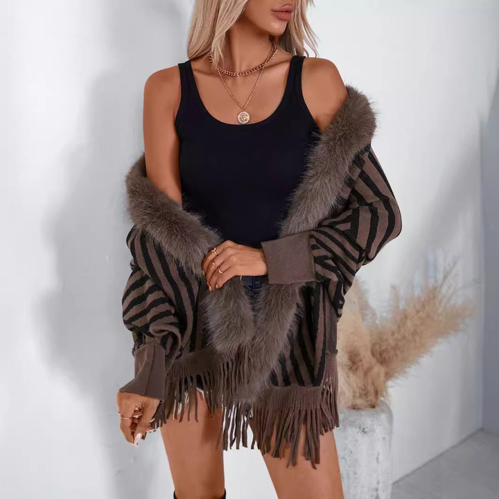 European And American Fall Winter Fashion Striped Tassel Knitted Shawl Cape - Trendex