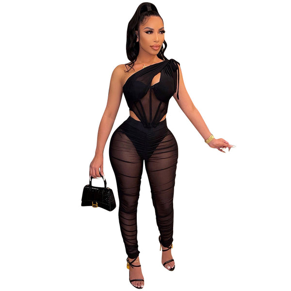 Women's Fashion Sexy Mesh See-through Irregular Top Two-piece Suit - Trendex