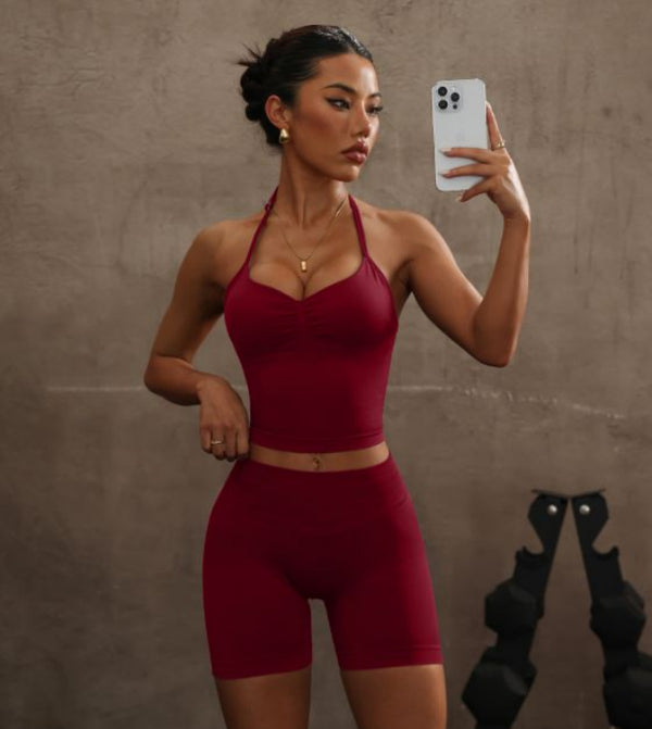 Halter Spaghetti Straps Exercise Vest High Waist Crimp Shorts Suit - Trendex