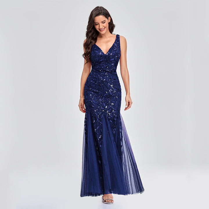 Sexy Long Dress Sleeveless V-neck Embroidered Sequin Slim Mermaid Dress - Trendex