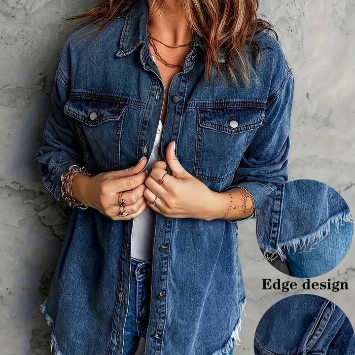 European And American Style Women Retro Washed Denim Jacket Casual With Hem - Trendex