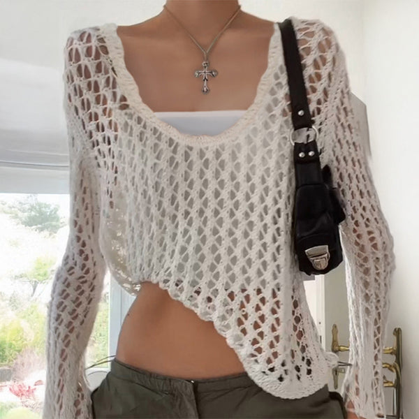 Hot Girl Style Long Sleeve Hollow T-shirt Woolen Women's Clothing - Trendex