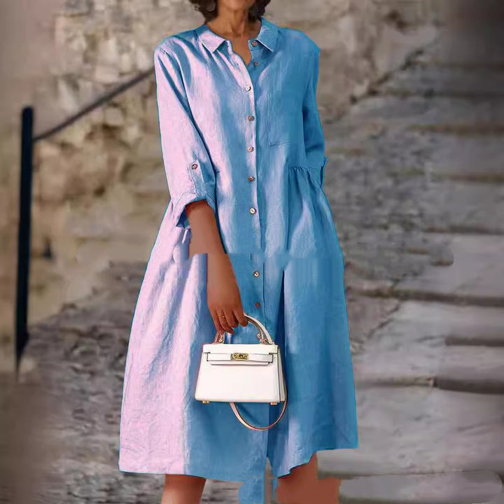 Pure Cotton And Linen Solid Color Loose Pocket Dress - Trendex