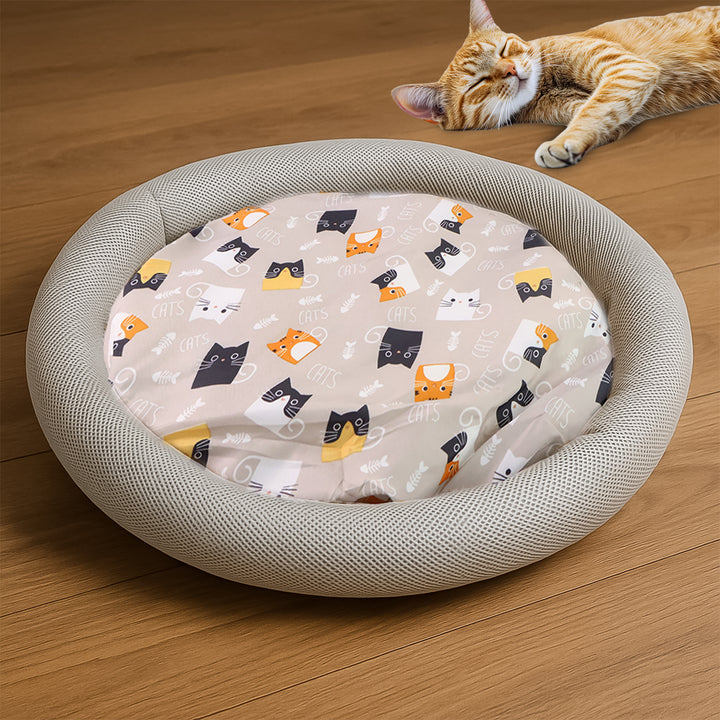 Round Soft Plush Cat Bed With Cartoon Cat Print Cushion  1 Pc - Trendex
