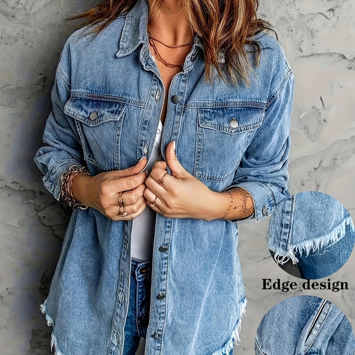European And American Style Women Retro Washed Denim Jacket Casual With Hem - Trendex