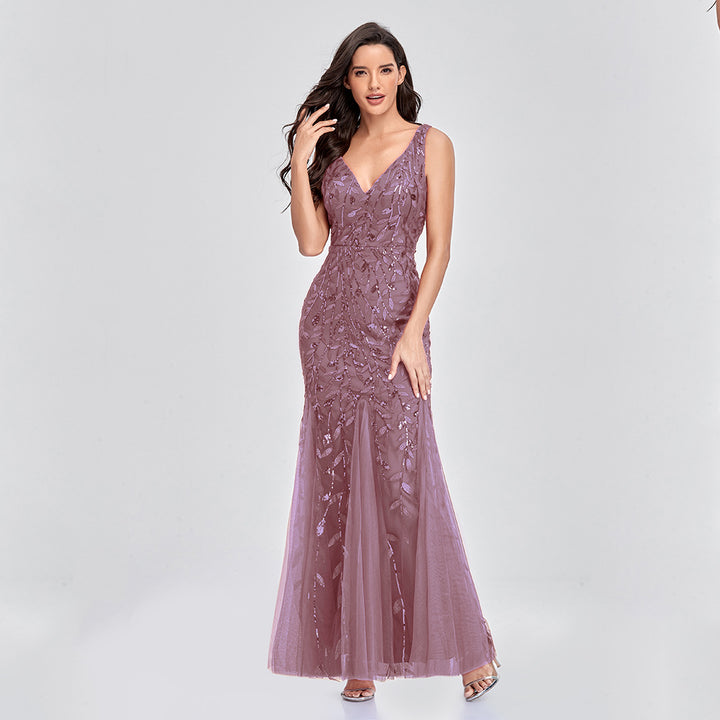 Sexy Long Dress Sleeveless V-neck Embroidered Sequin Slim Mermaid Dress - Trendex