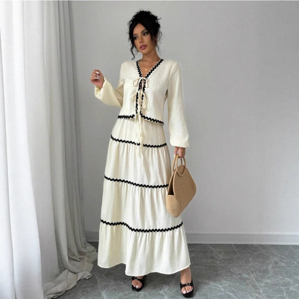 Lace Layered Pleated Lantern Sleeve Bow Shirt And Skirt Suit Women - Trendex