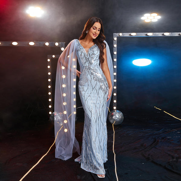 Sequined V-neck Evening Gown - Trendex