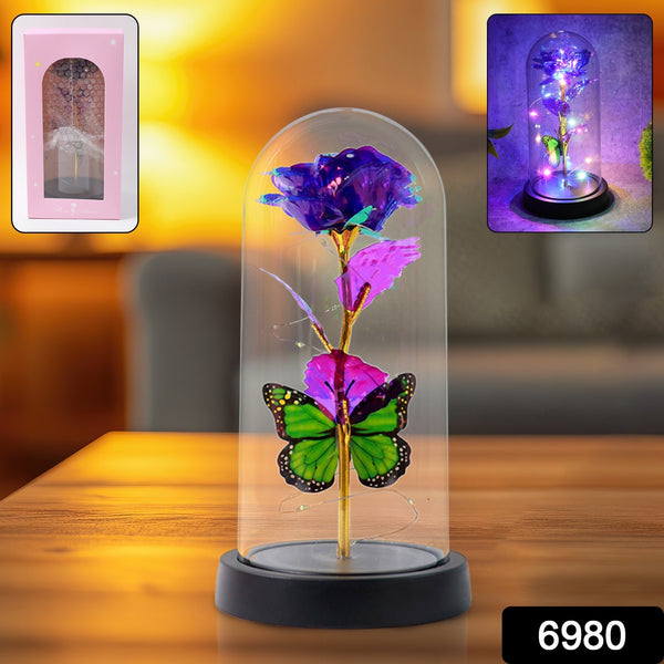 Led Preserved Rose With Colorful Butterfly In Plastic Dome (1 Pc  Mix Color) - Trendex