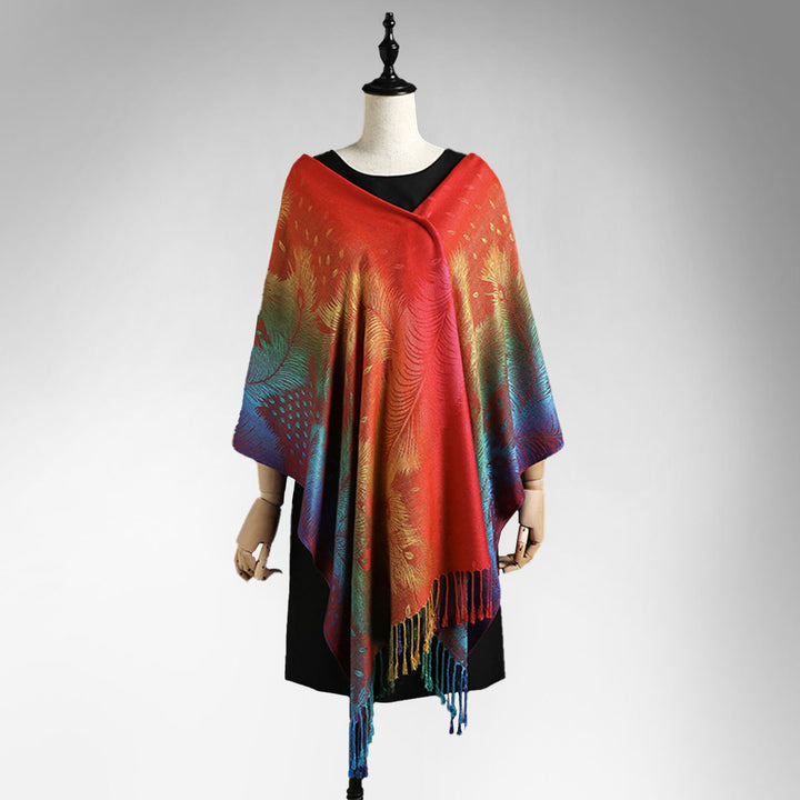 Color Jacquard Talma Long Ladies Tassel Feather - Trendex
