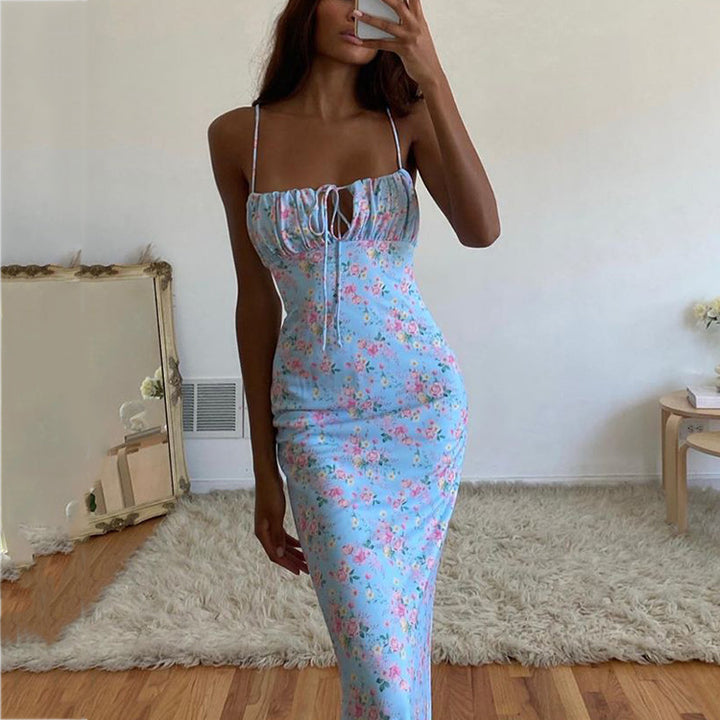 Floral Ruffle Back Tie Halter Maxi Bodycon Mermaid Dress With Multiple Patterns - Trendex