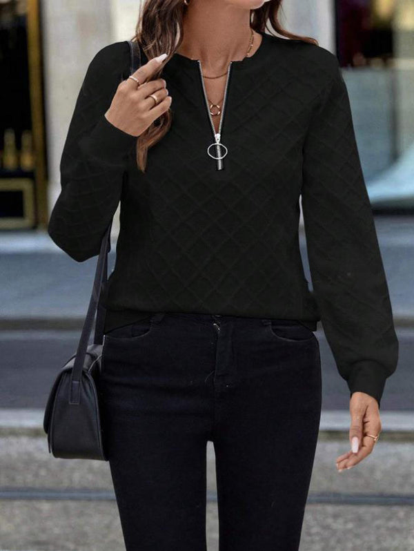 Urban Casual Top Simple Style Diamond Texture Zipper Sweatshirt - Trendex