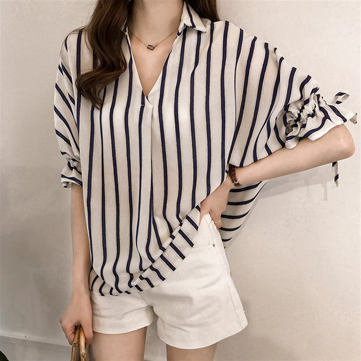 Lace-up Three-quarter Sleeve Striped Shirt For Women - Trendex