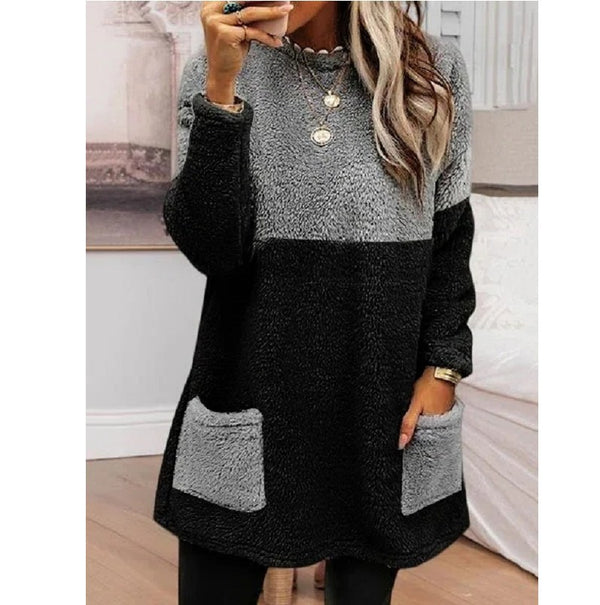 Round Neck Patchwork Pocket Long Sleeve Double-sided Velvet Sweatshirt - Trendex