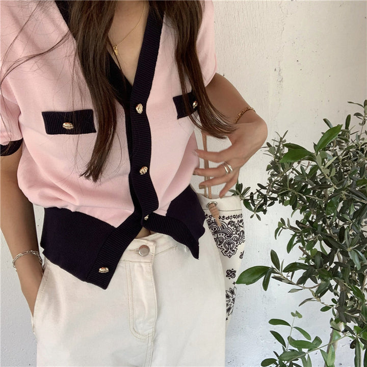 Classic Style Color Matching Ice Silk Short-style Loose Slimming Knitted Thin Top - Trendex