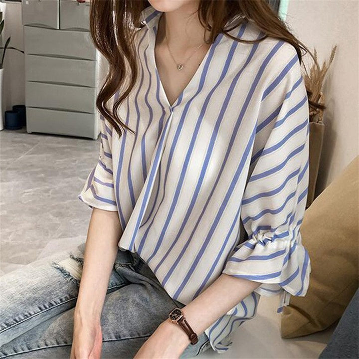Lace-up Three-quarter Sleeve Striped Shirt For Women - Trendex