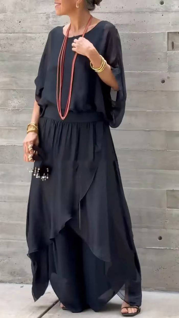 Loose Comfortable Top Split Wide Leg Pants Chiffon Casual Suit - Trendex