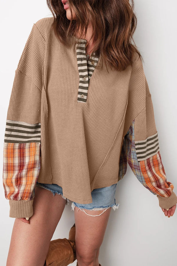 Straw Yellow Waffle Stripe Plaid Patchwork Henley Knit Top - Trendex