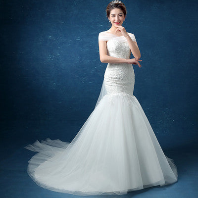 Wholesale fashion one word, shoulder lace, fishtail Tail Han bride married new wedding dress D95 - Trendex