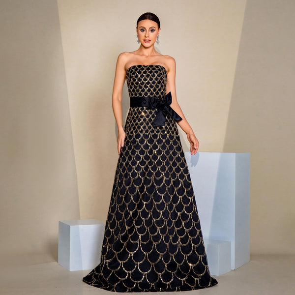 Off-neck Wrapped Chest Nipped-waist Large Swing Sequined Evening Dress - Trendex
