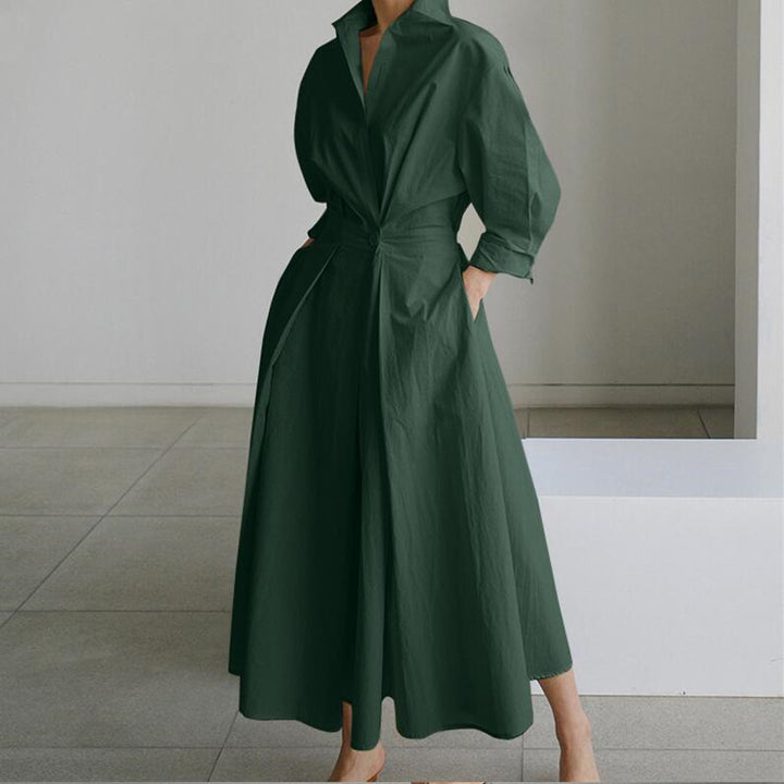 Temperament Commuter Cotton Hemp Clean Color Flip Collar POLO Collar Shirt Sleeves Elastic Waist Big Swing Dress - Trendex