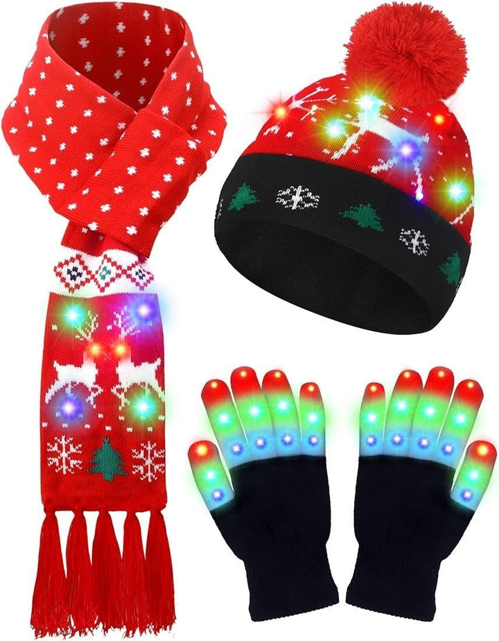 LED Christmas Knitted Hat Scarf Gloves Three-piece Set - Trendex
