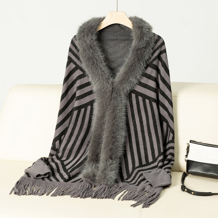 European And American Fall Winter Fashion Striped Tassel Knitted Shawl Cape - Trendex