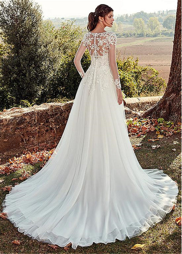 High U-neck Lace Long Sleeve A- Line Long Tail Simple Wedding Dress - Trendex