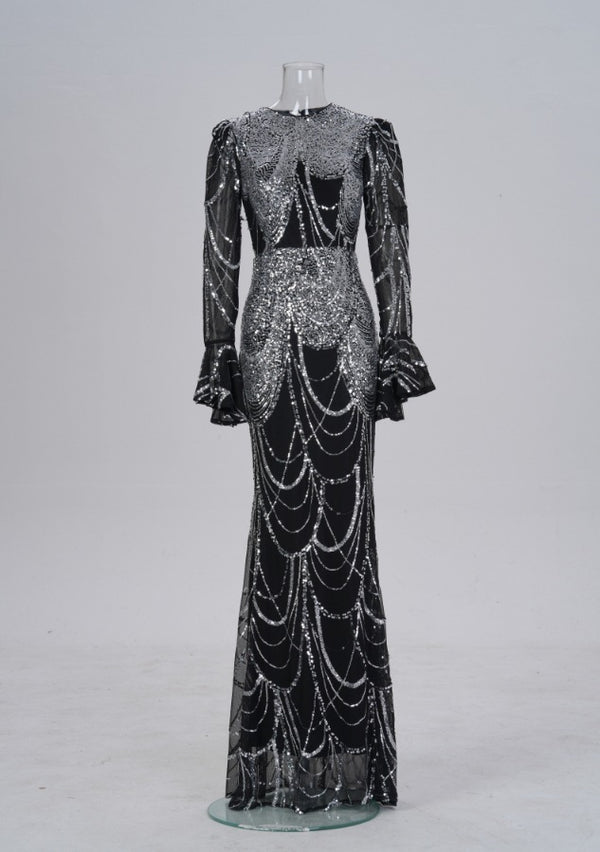 Long Sleeve Round Neck Slim-fit Sheath Sequined Banquet Fishtail Evening Dress - Trendex