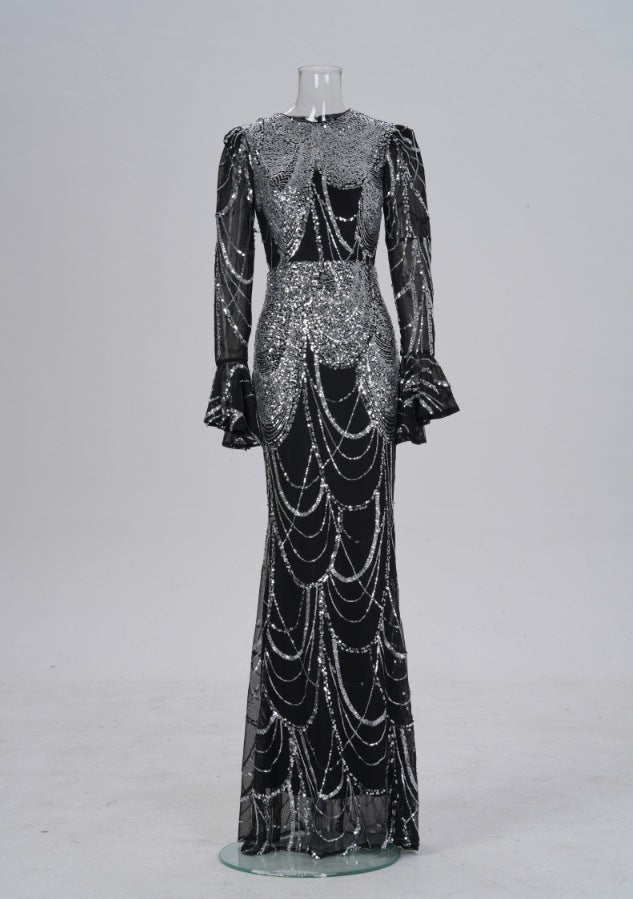 Long Sleeve Round Neck Slim-fit Sheath Sequined Banquet Fishtail Evening Dress - Trendex