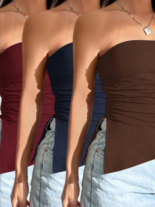 3pcs Women Solid Color Ruched Side Slit Hem Bandeau Cami Top - Trendex