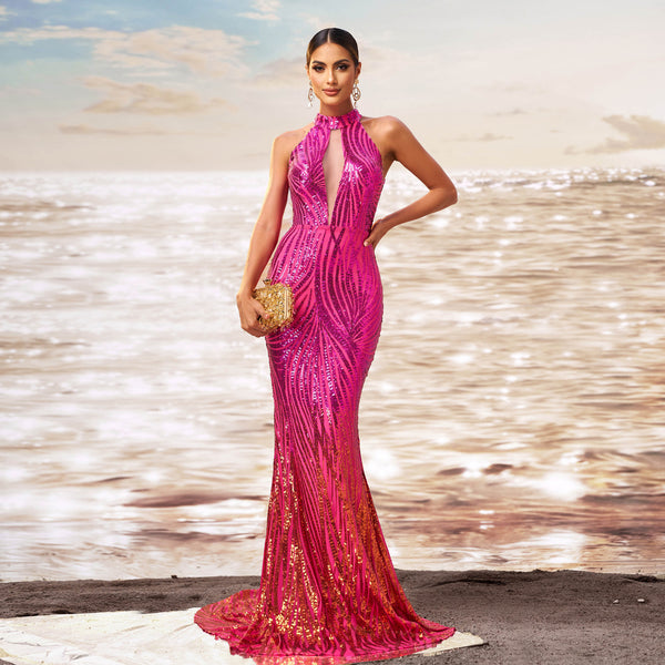 Round Neck Off-the-shoulder Slim-fit Sheath Sequined Banquet Fishtail Evening Dress - Trendex