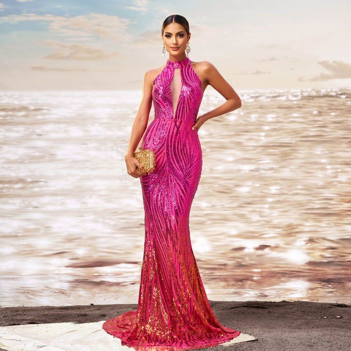 Round Neck Off-the-shoulder Slim-fit Sheath Sequined Banquet Fishtail Evening Dress - Trendex