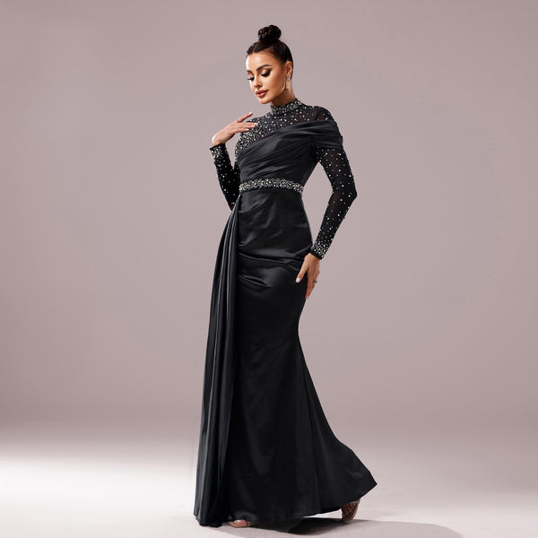 Long Sleeve Slim-fit Sheath Pearl Banquet Fishtail Evening Dress - Trendex