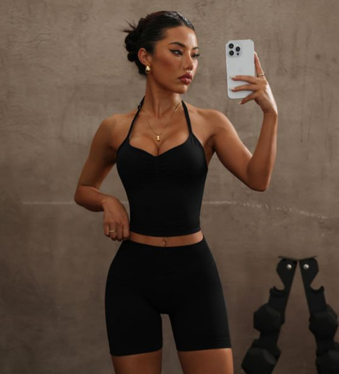 Halter Spaghetti Straps Exercise Vest High Waist Crimp Shorts Suit - Trendex