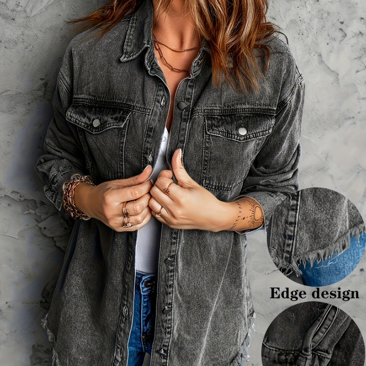 European And American Style Women Retro Washed Denim Jacket Casual With Hem - Trendex
