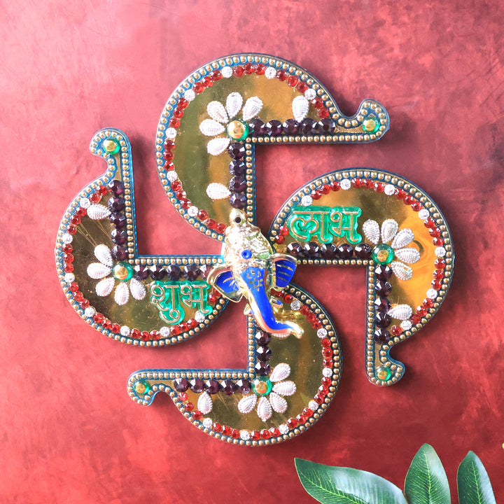 Golden Swastik Shubh Labh Wall Hanging With Ganesh Idol (1 Pc) - Trendex