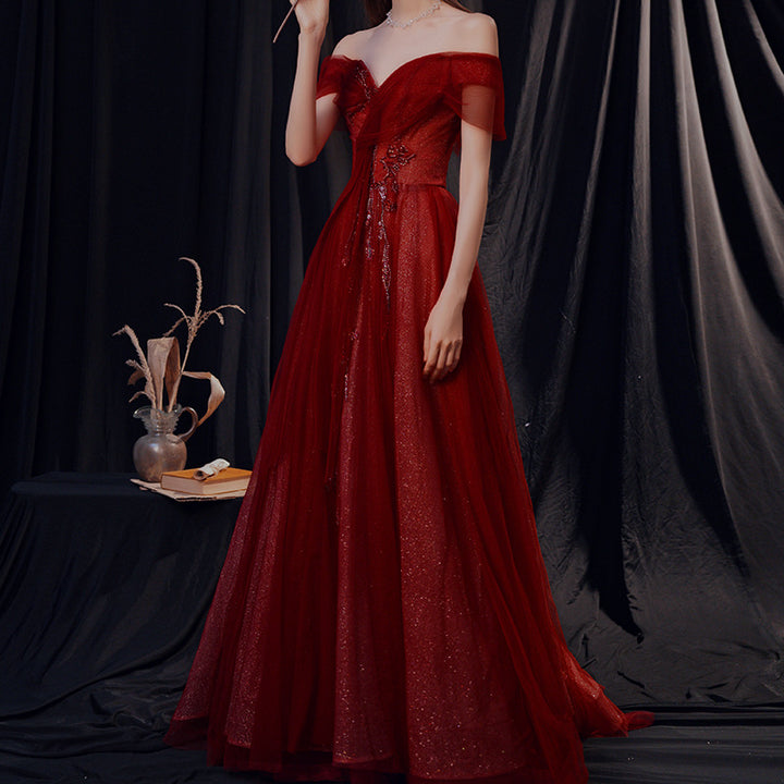 One Shoulder Slim Fairy Aura Light Gauze Bridesmaid Dress - Trendex