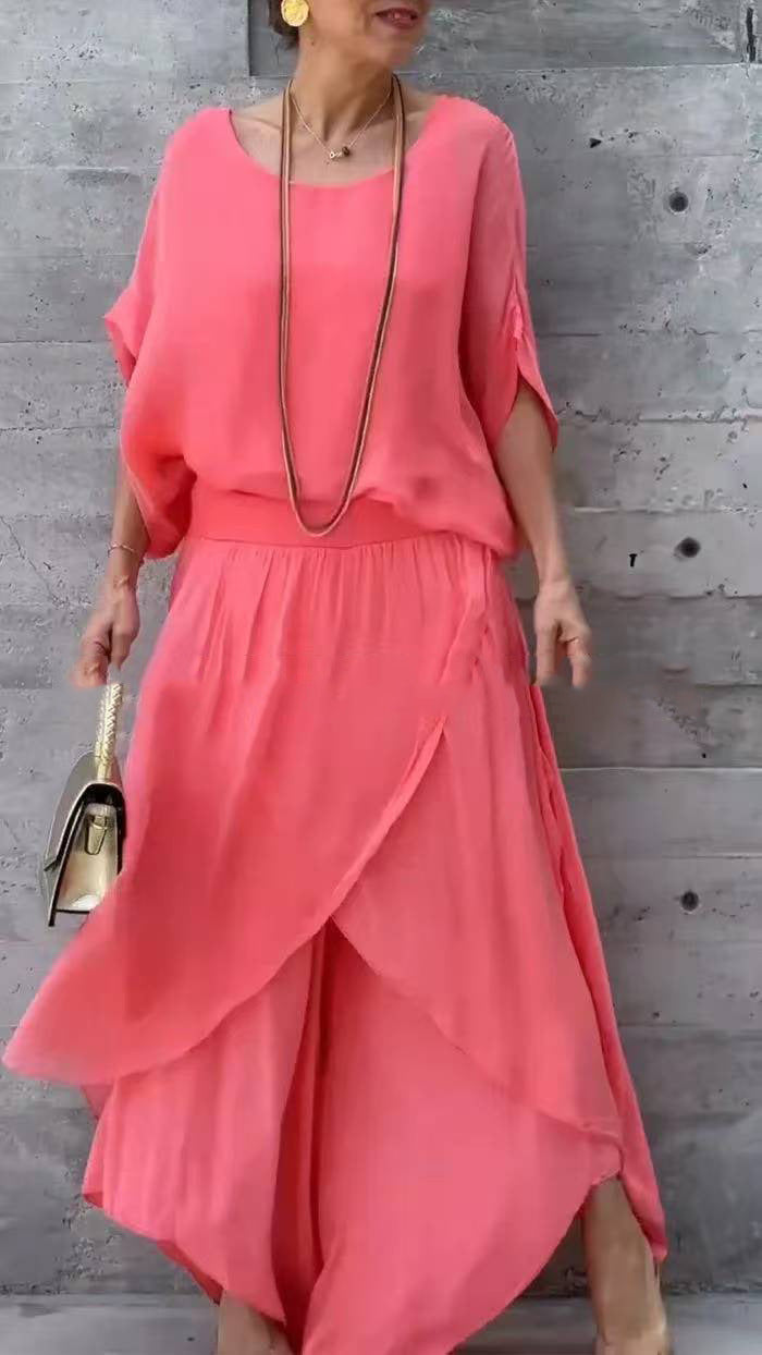 Loose Comfortable Top Split Wide Leg Pants Chiffon Casual Suit - Trendex