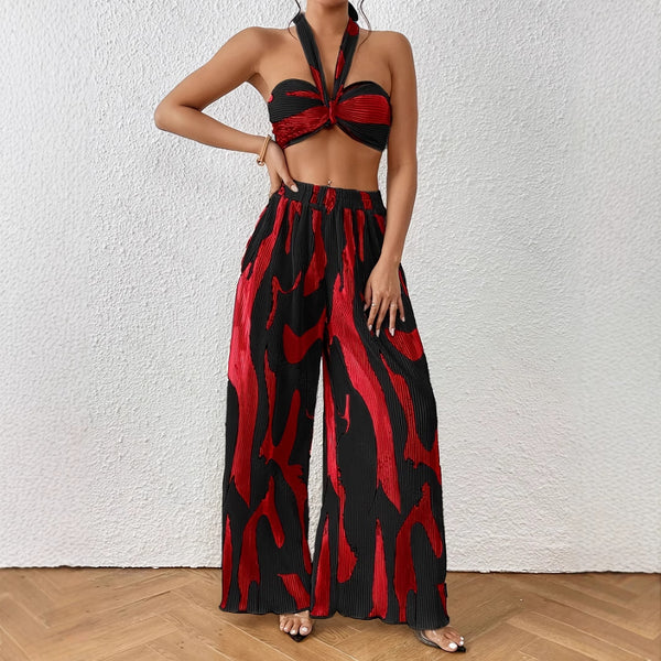 Halter Tube Top Flame Wide-leg Pants Suit - Trendex