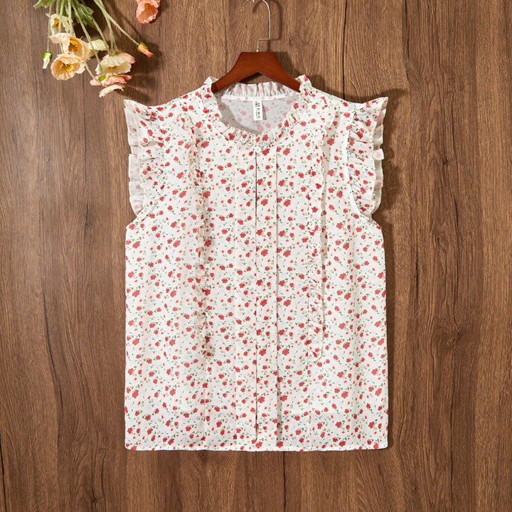 Sleeveless Ruffled Floral Women's Loose Sweet Chiffon Printed Top - Trendex