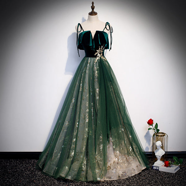Banquet Sling Temperament Long Dress Dark Green Fantasy Mori - Trendex