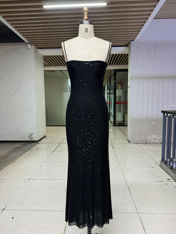 Elegant Nude & Black Sequin Spaghetti Strap Dress - High-End Luxury Slim Fit Long Dress For Parties, Birthdays & Special Occasions - Trendex
