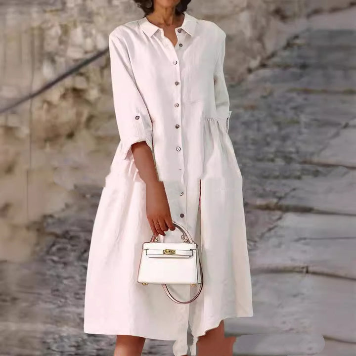 Pure Cotton And Linen Solid Color Loose Pocket Dress - Trendex