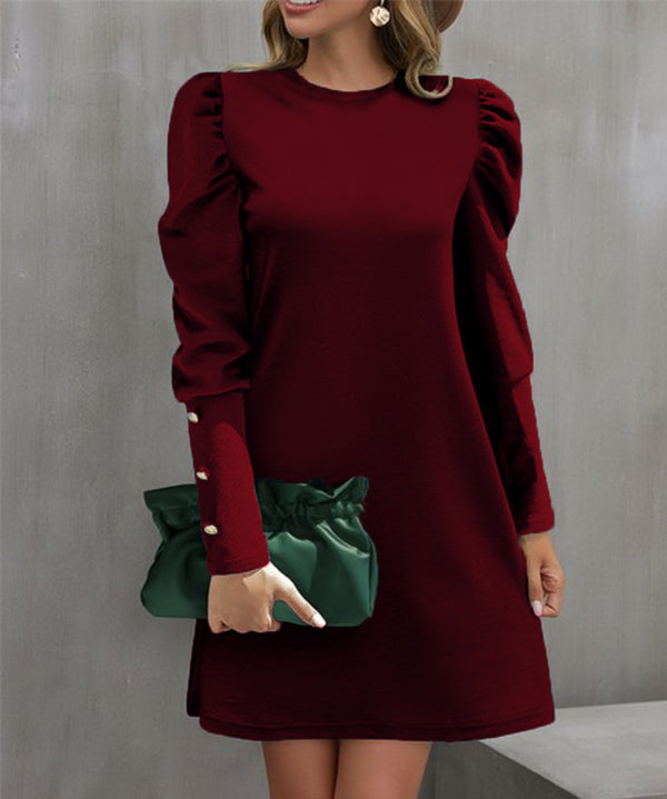 Solid Color Round Neck Puff Sleeve Button Long Sleeve Dress - Trendex