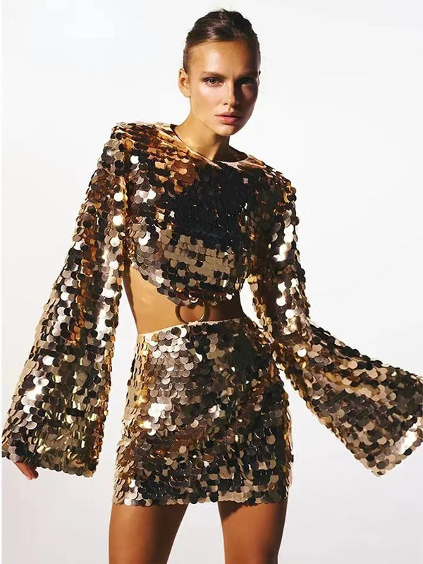 Sweet And Spicy Women's Long Sleeve Round Neck Sexy Large Sequined Evening Dress - Trendex