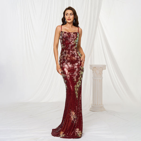 Sling Off-neck Sheath Sequined Banquet Fishtail Evening Dress - Trendex