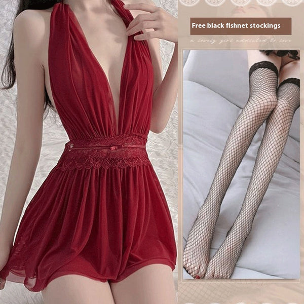 French Mesh Backless Halter Sexy And Breathable Nightdress For Women - Trendex