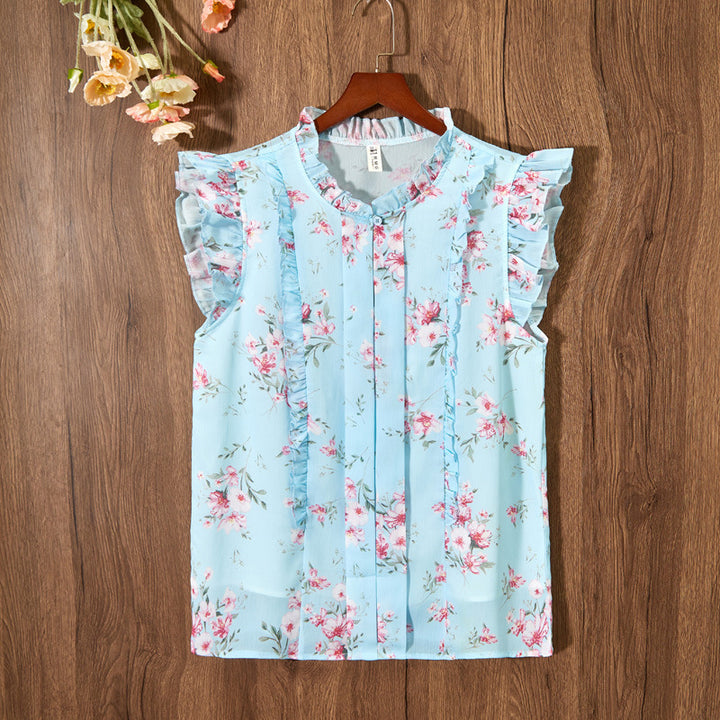 Sleeveless Ruffled Floral Women's Loose Sweet Chiffon Printed Top - Trendex