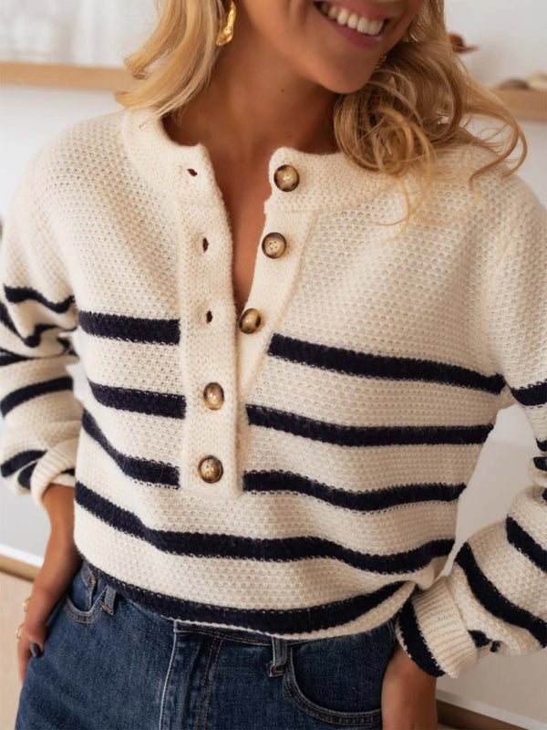 Striped Pullover Top Fashion Cardigan With Buttons Sweater Women - Trendex